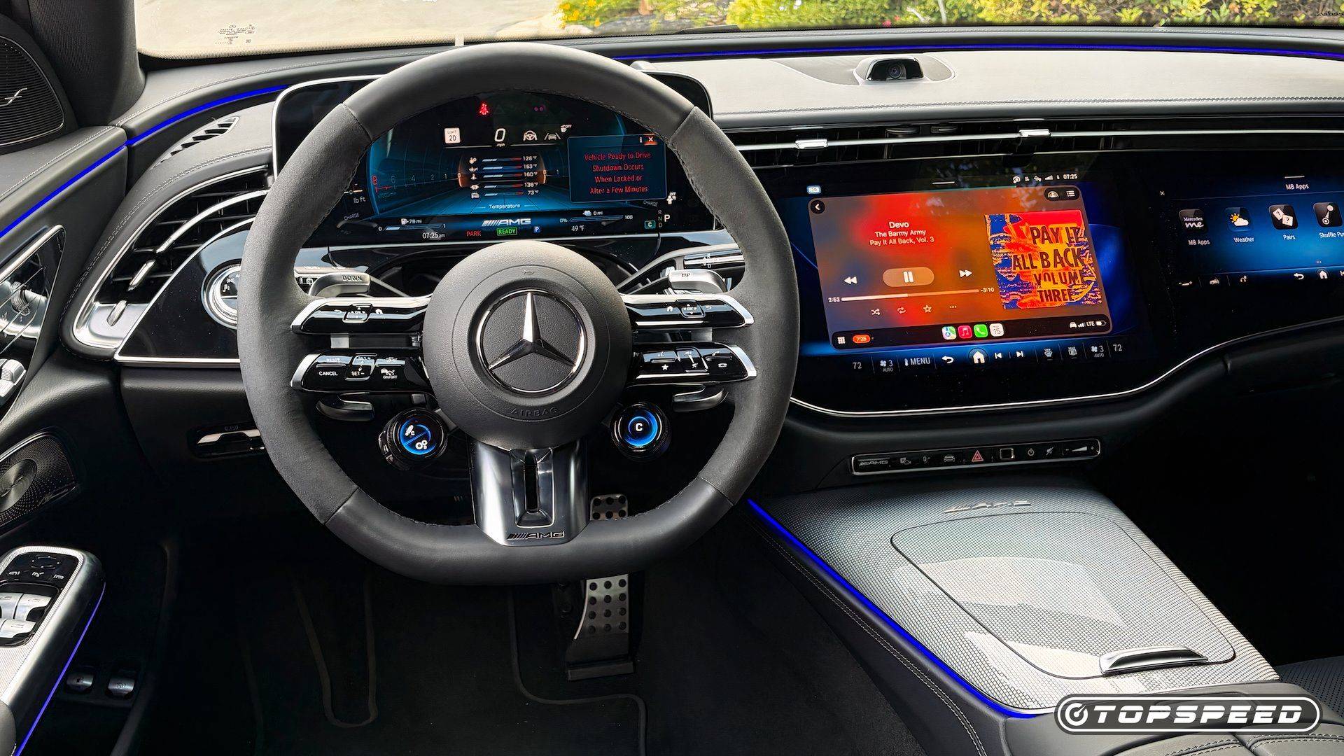 Steering wheel and front cabin of the 2026 Mercedes-AMG E 53 Hybrid Wagon