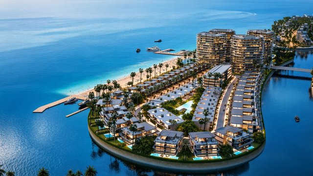 Aerial rendering of BRABUS Island Abu Dhabi with beachfront towers, villas, docks, and turquoise water