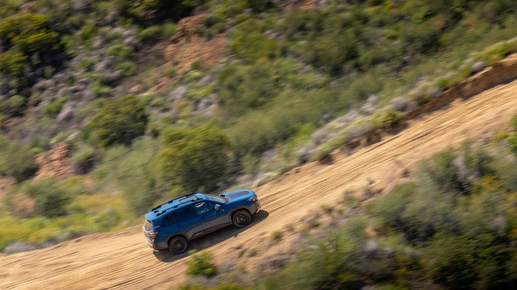 Blue Subaru SUV driving on a winding dirt road through low green brush.