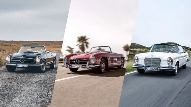 Three classic Mercedes-Benz convertibles in black, red, and white on open roads