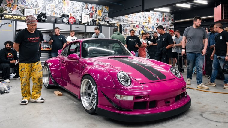 Pink RWB Porsche 993 in a workshop