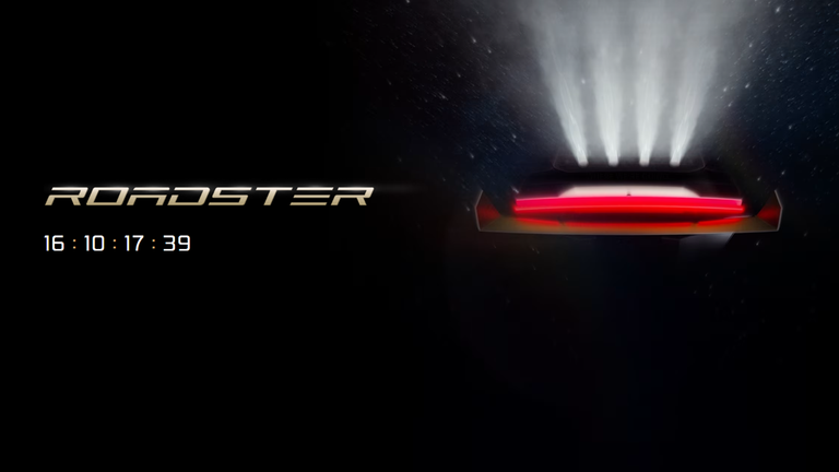 Tesla Roadster teaser showing a rear silhouette, light beams, and a countdown