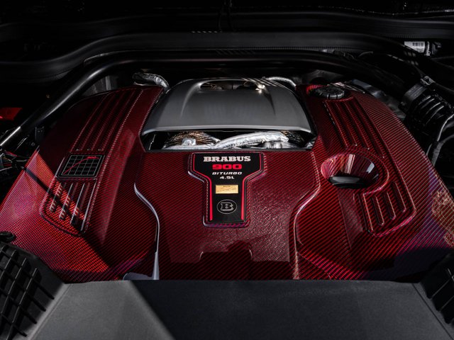Brabus 900 Biturbo 4.5-liter engine with red carbon-fiber covers