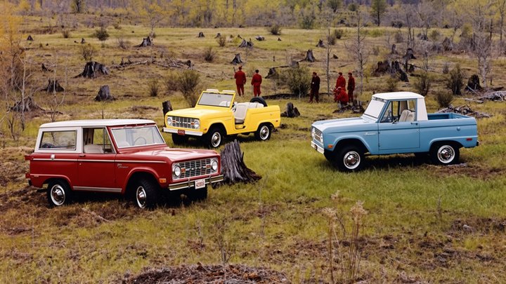 Three 1969 Ford Broncos in red, yellow, and light blue at an outdoor gathering