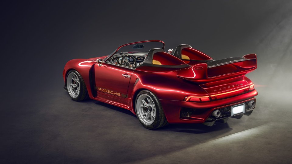 Rear three-quarter view of the red Gunther Werks Project Endgame Turbo Speedster