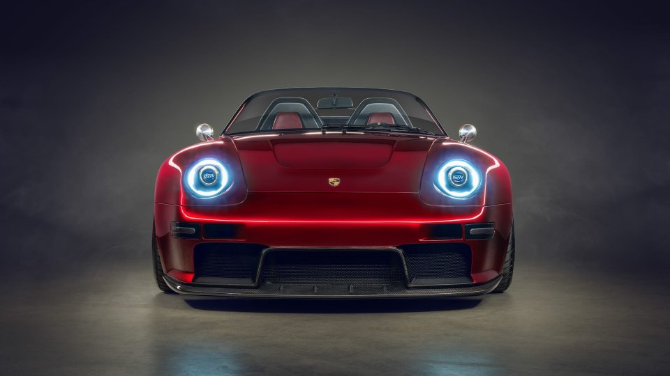 Front view of the red Gunther Werks Project Endgame Turbo Speedster