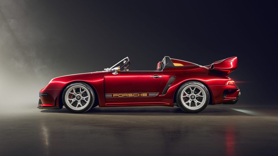 Side profile of the red Gunther Werks Project Endgame Turbo Speedster
