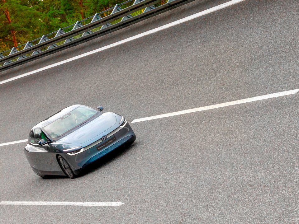 Aerial view of the Volkswagen Mission Efficiency driving along a divided road