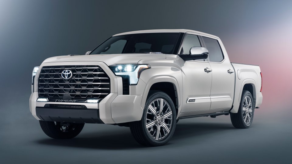 White Toyota Tundra Capstone pickup truck in a studio setting