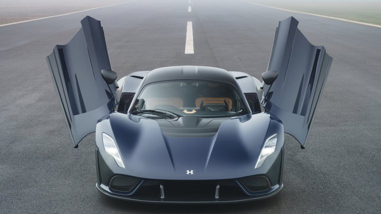 Hennessey Venom F5 on a runway with its dihedral doors raised
