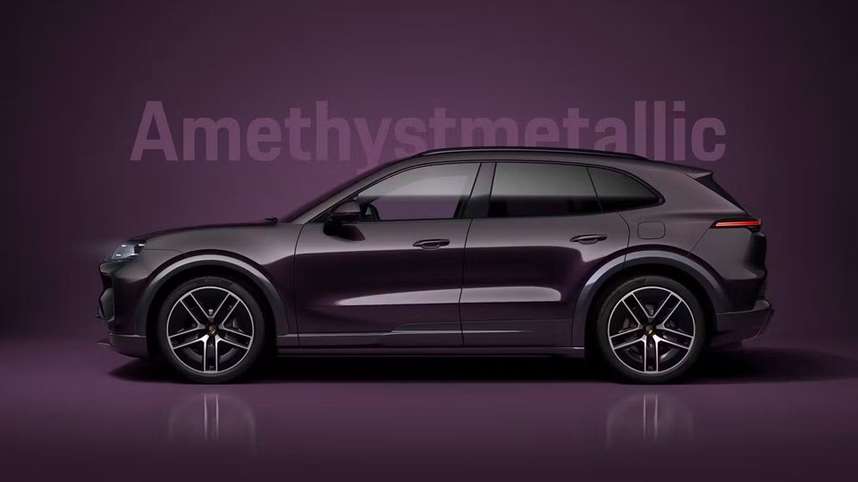 Porsche Macan in Amethystmetallic paint against a matching purple studio backdrop