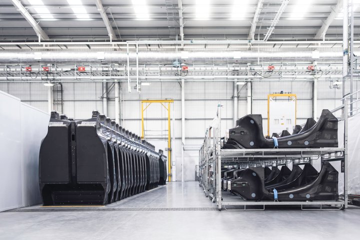 Carbon-fibre monocoque components arranged in a McLaren production facility