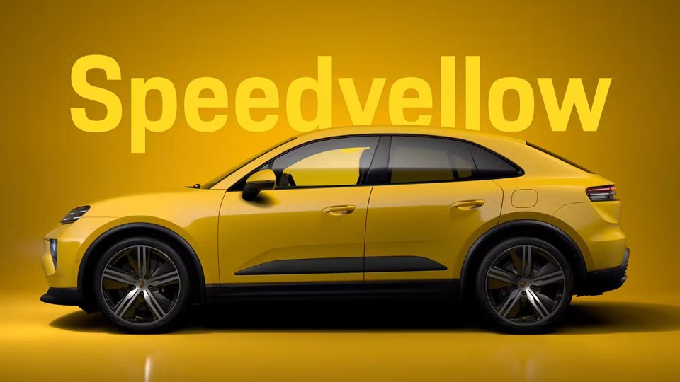 Speed Yellow Porsche Macan against a matching yellow backdrop