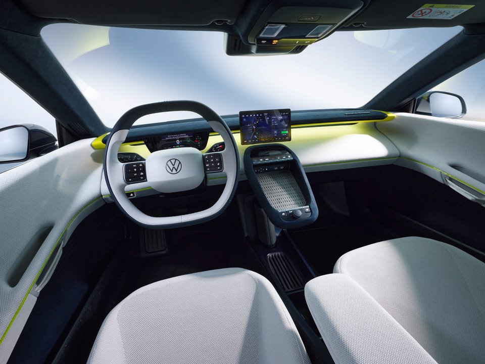 Driver-focused Volkswagen Mission Efficiency cabin with white seats and lime accents
