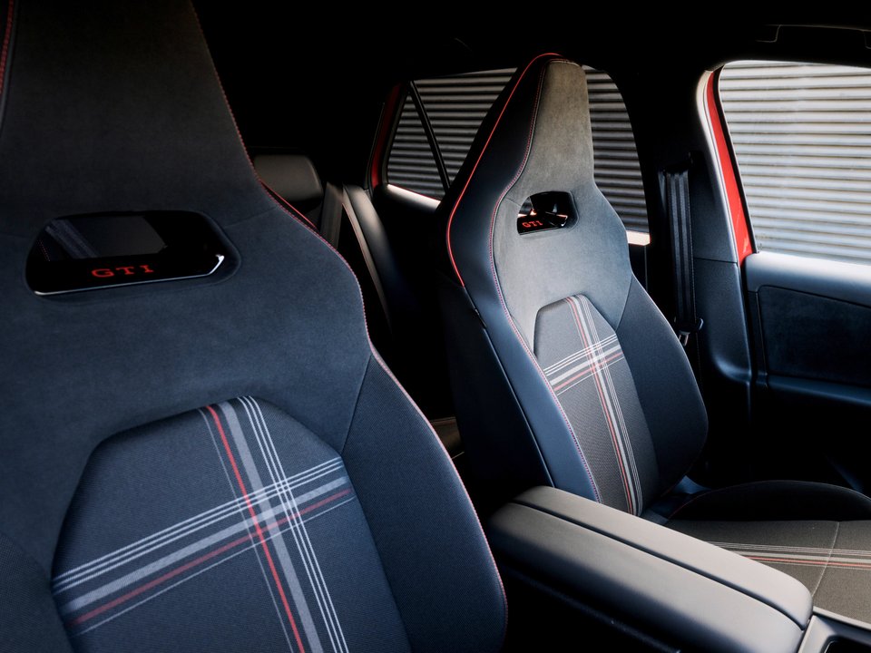 Volkswagen ID.3 GTI sport seats with plaid fabric and red piping