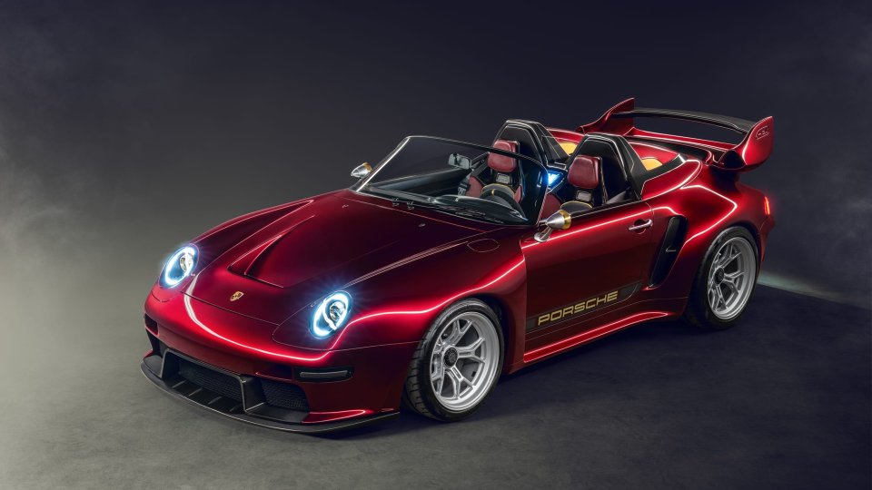 Three-quarter front view of the red Gunther Werks Project Endgame Turbo Speedster