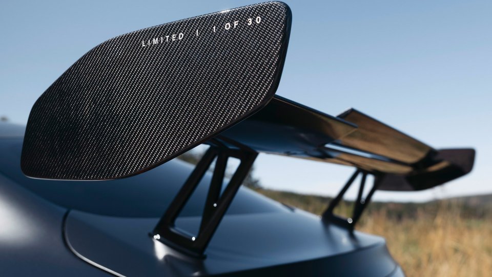 Carbon-fiber rear wing endplate marked Limited 1 of 30 on the Mercedes-AMG CLE 646 Spezialanfertigung