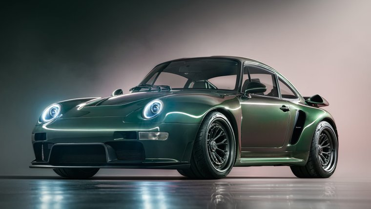 Dark green Gunther Werks Turbo restomod in a studio