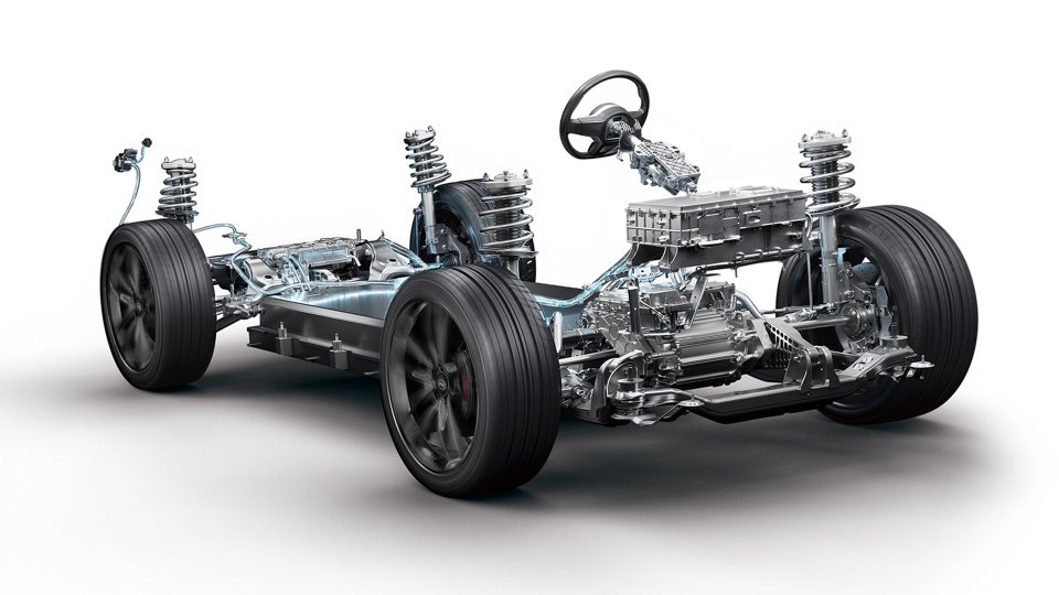 Electric vehicle chassis with battery pack, suspension, and steering components