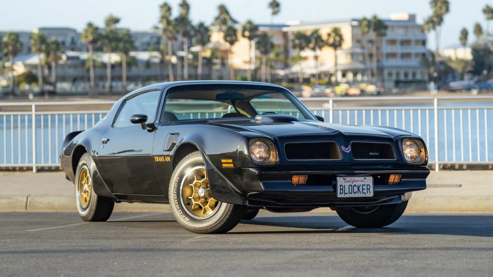 Black 1976 Pontiac Firebird Trans Am with gold wheels parked by a waterfront