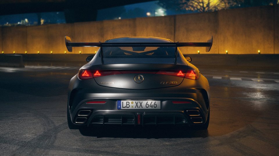 Rear view of the Mercedes-AMG CLE 646 Spezialanfertigung at night with illuminated taillights
