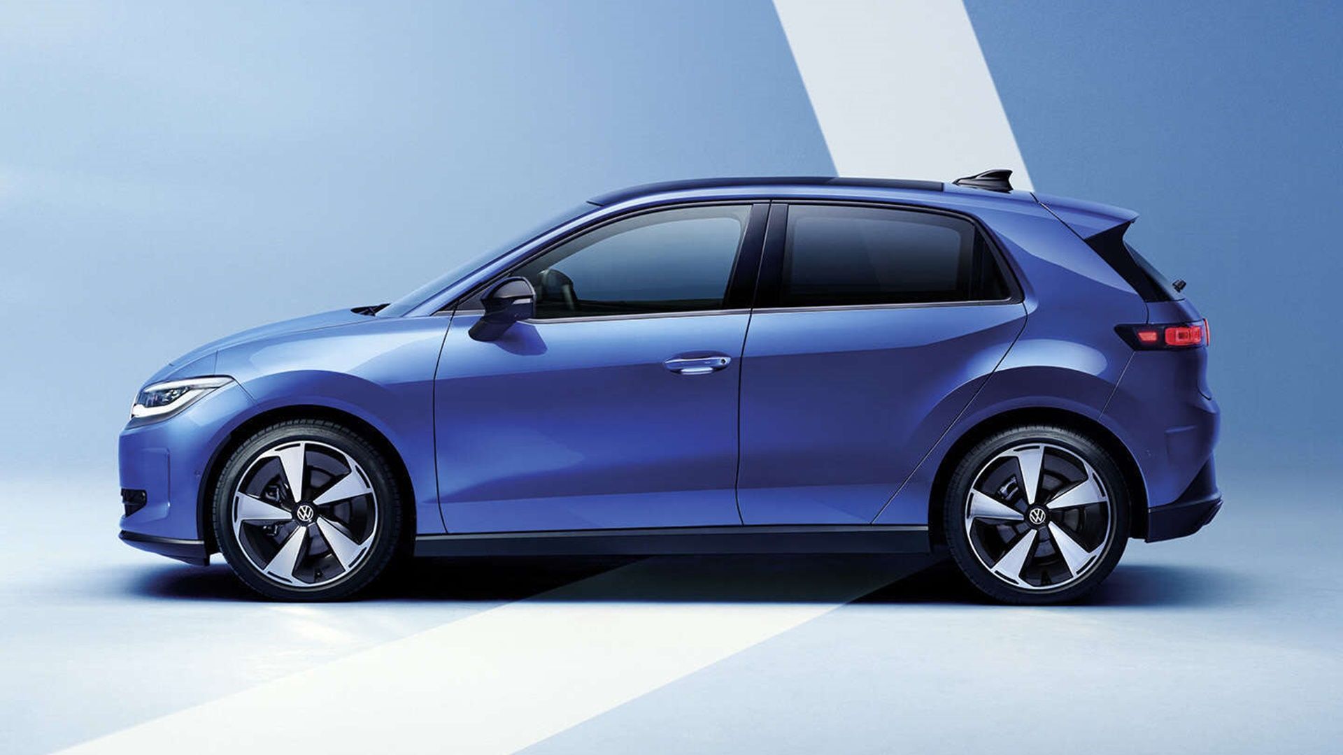 Blue Volkswagen ID. Polo electric hatchback in side profile