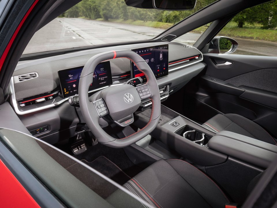 Volkswagen ID.3 GTI cockpit with GTI steering wheel, digital displays and red trim