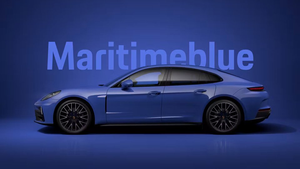 Porsche Panamera finished in Maritime Blue against a matching studio backdrop