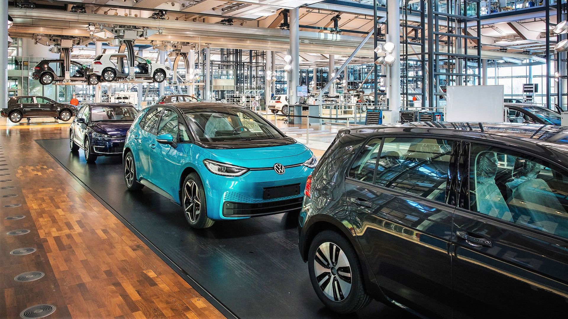 Volkswagen ID.3 vehicles inside Volkswagen's Transparent Factory in Dresden